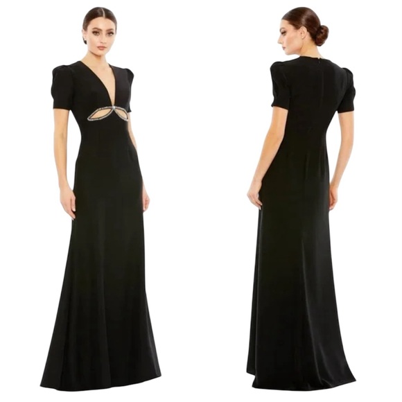 Ieena for Mac Duggal Black Plunge Neck Puff Sleeve Cut Out Gown Size 6 - Picture 1 of 6